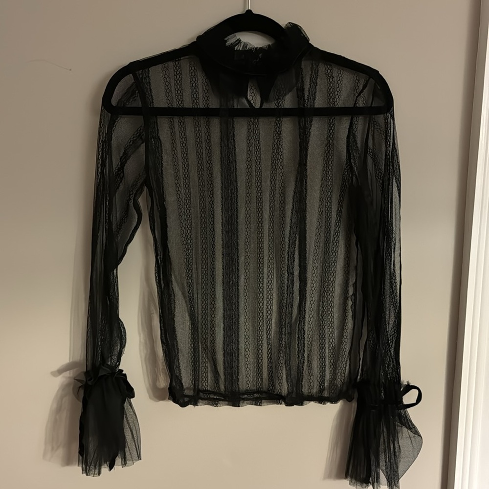 NWOT Black sheer lace top with velvet ties Small Unbranded